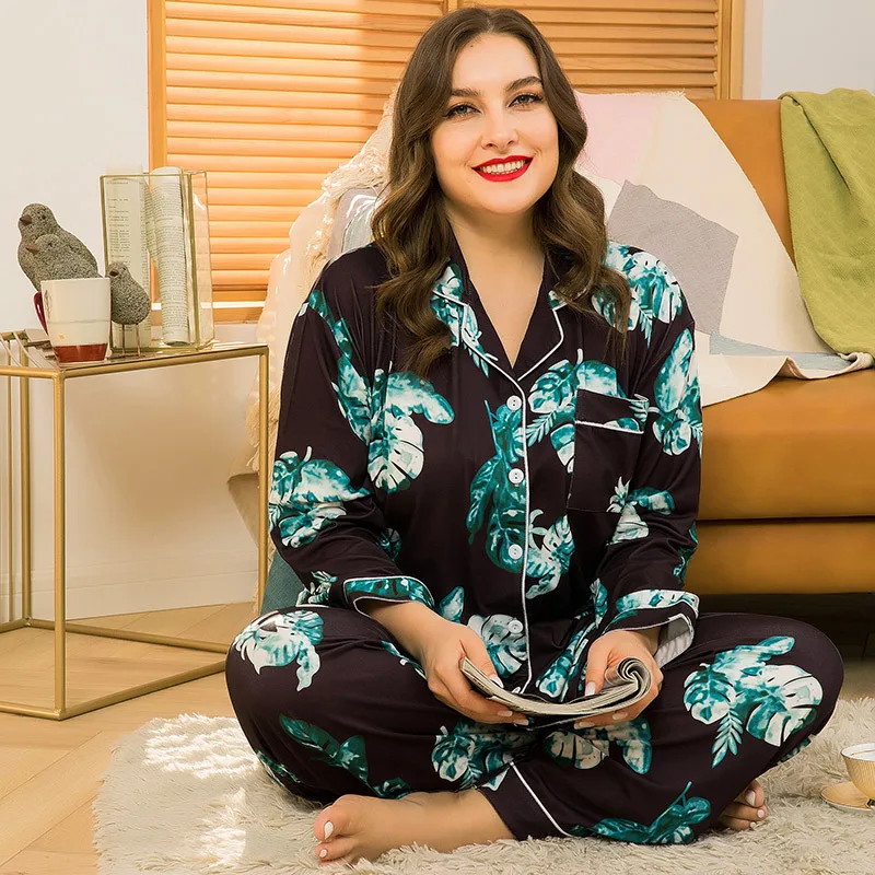 4XL Plus Size Autumn Women Pajamas Nice Good Quality Leaves Printing Pajama Sets Lovely Casual Pijama Pijimas Homewear Sleepwear
