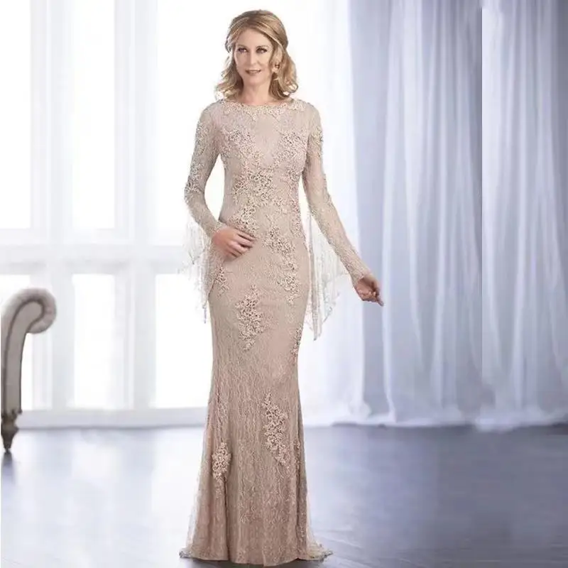 Очаровательные кружевные платья телесного цвета с длинным рукавом для матери