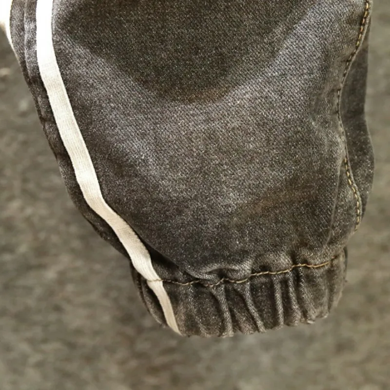 

Vintage Gray Ankle Length Trousers Mens Jeans Korean Fashion Splice Lace Up Loose Harem Pants Autumn Casual Men Denim Pants