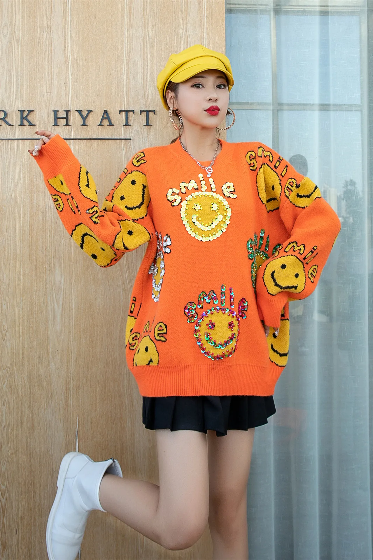 

Thailand Fashion Brand 2021 Winter New Loose Round Neck Pullover Lovely Letter Printing Smile Face Sweater for Women