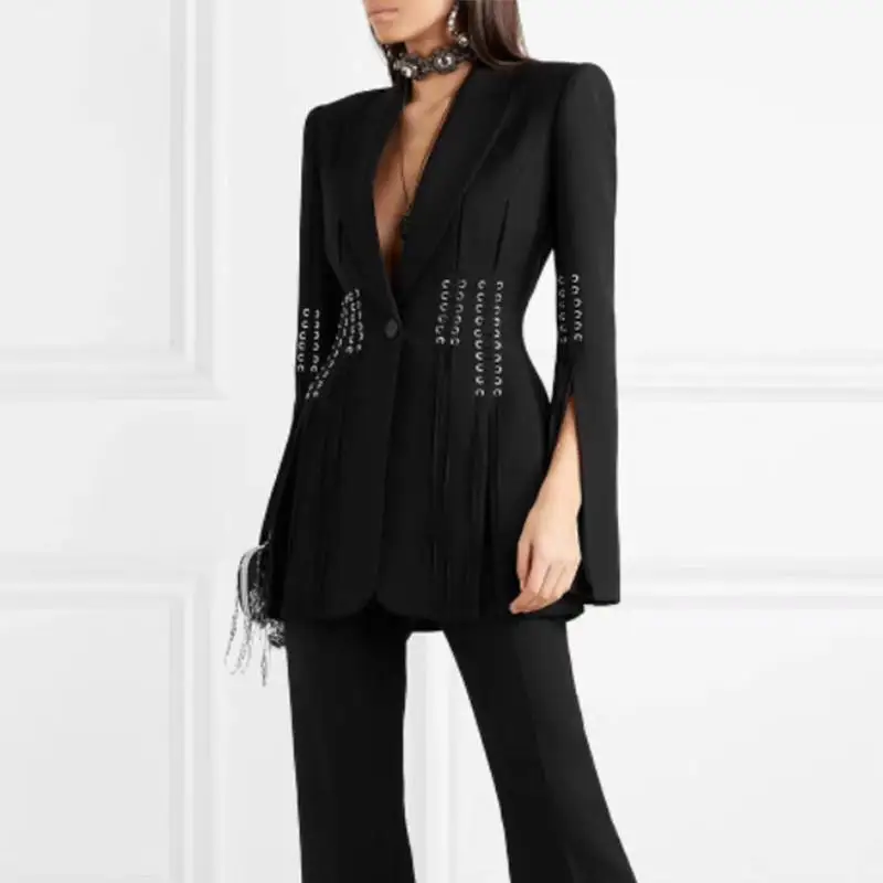 Женский осенний блейзер черный облегающий повседневный в корейском стиле для