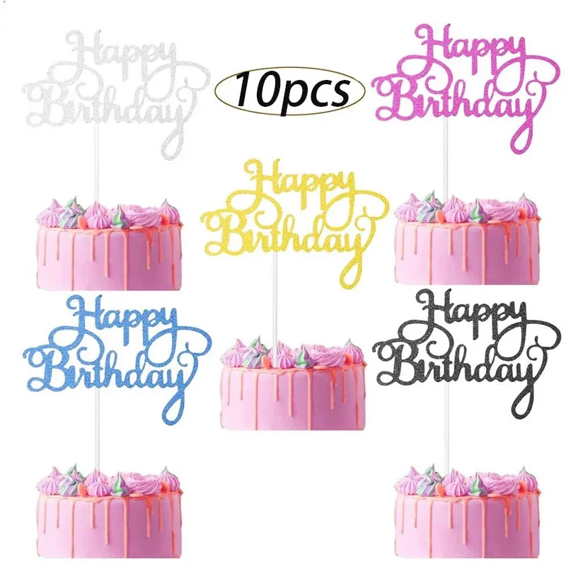 

10 Pcs Glitter Cardstock Happy Birthday Cake Toppers Baby Shower Kids Birthday Party Favors Decorations Cake Decoration Supplies