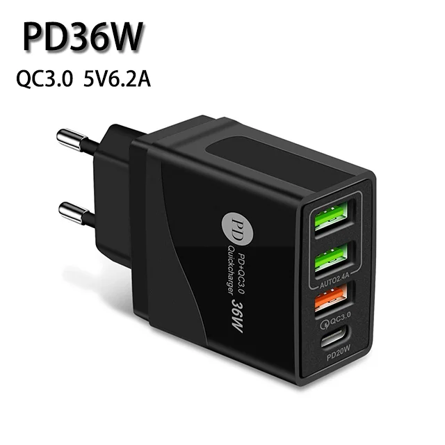 

PD36W+QC3.0 Charger Adapter Dual USB Fast Charge Mobile Phone Charger Multi-port USB PD US EU UK Plug Travel Charging Head