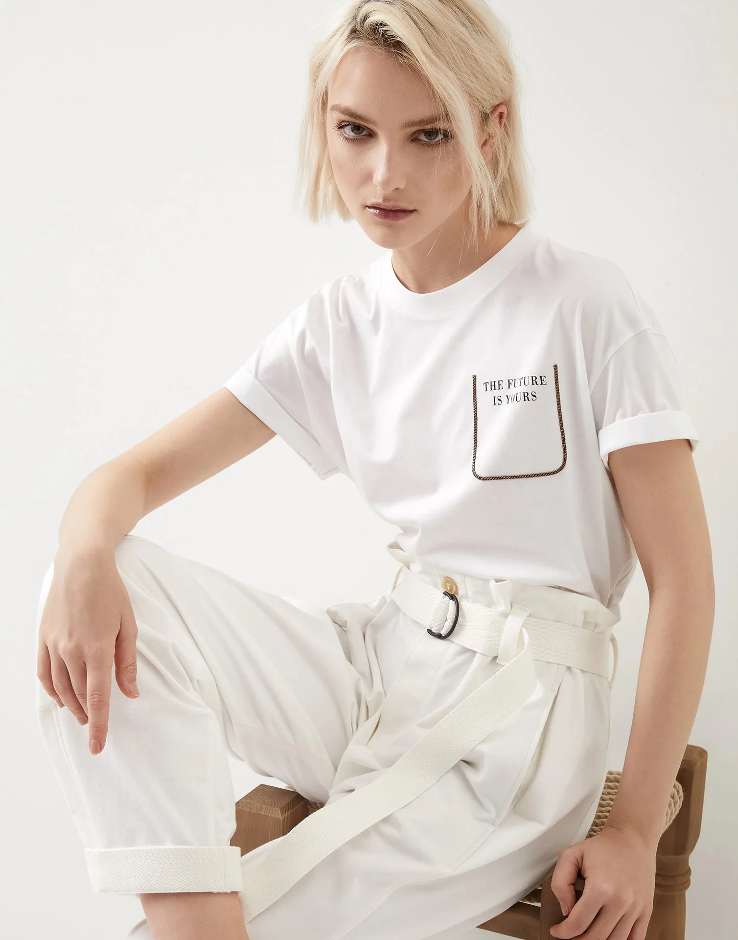 

Pearl Chain Pocket T-shirt Fashion Loose Short Sleeve T-shirt Women's Cotton T-shirt