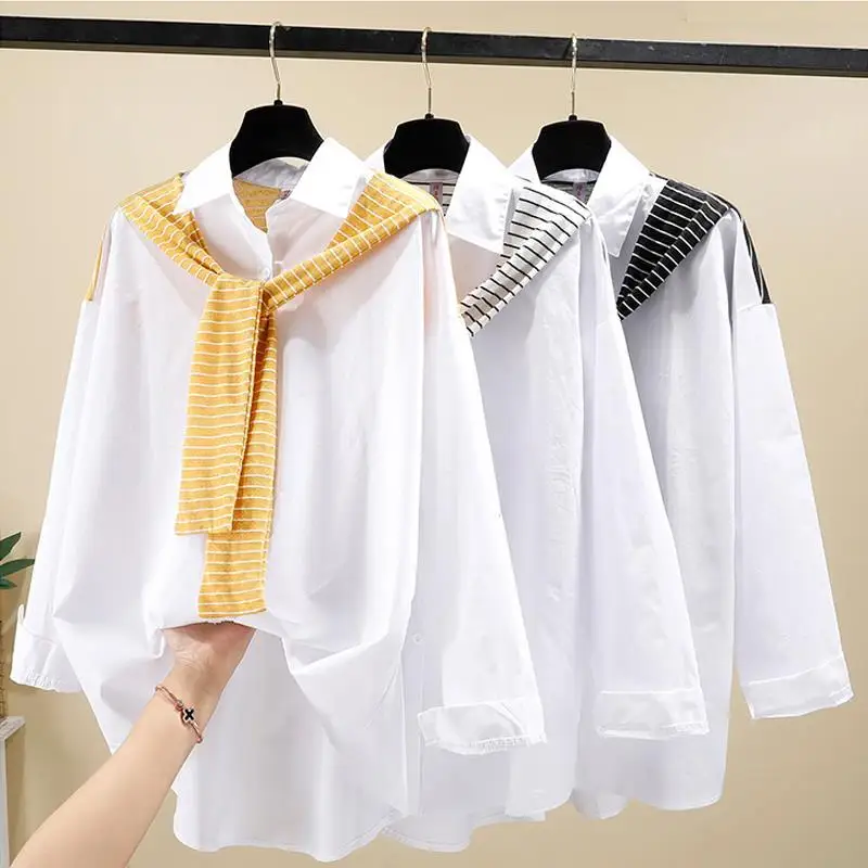 

2021 Spring New Fake Two-piece Spliced Shawl Shirt Women's Autumn Loose Slim Design Sense Niche Long-sleeved Shirt