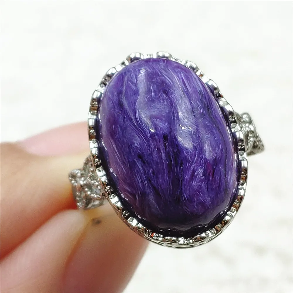 

Natural Purple Charoite Adjustable Gemstone Ring 17x12mm Russia 925 Sterling Silver Fashion Stone Ring AAAAAA