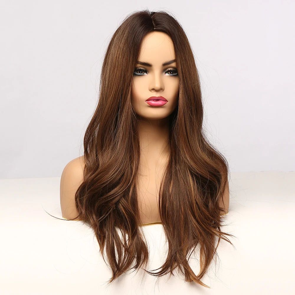 GEMMA Natural Middle Part Synthetic Wig Long Wavy Ombre Black Brown Golden Cosplay Wigs with Highlight for Women Fake Hair | Шиньоны и