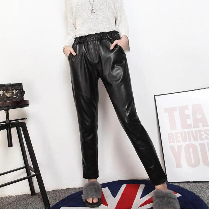 

Winter Fashion 2021 Sheepskin Pants Women Red Bright Leather Pants Womens Elastic Waist Slim Female Trousers Plus Size Pant XXXL
