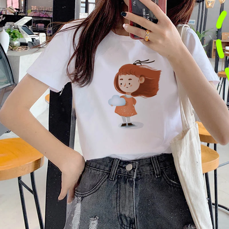 

Модная футболка с мультипликационным принтом для маленькой девочки, женская футболка с коротким рукавом и круглым вырезом, футболка Ullzang, т...