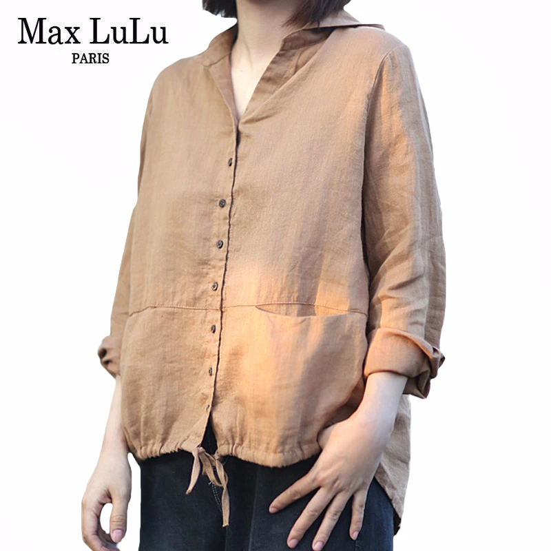 Рубашка Max LuLu женская льняная модная Повседневная Блузка в Корейском стиле топ с