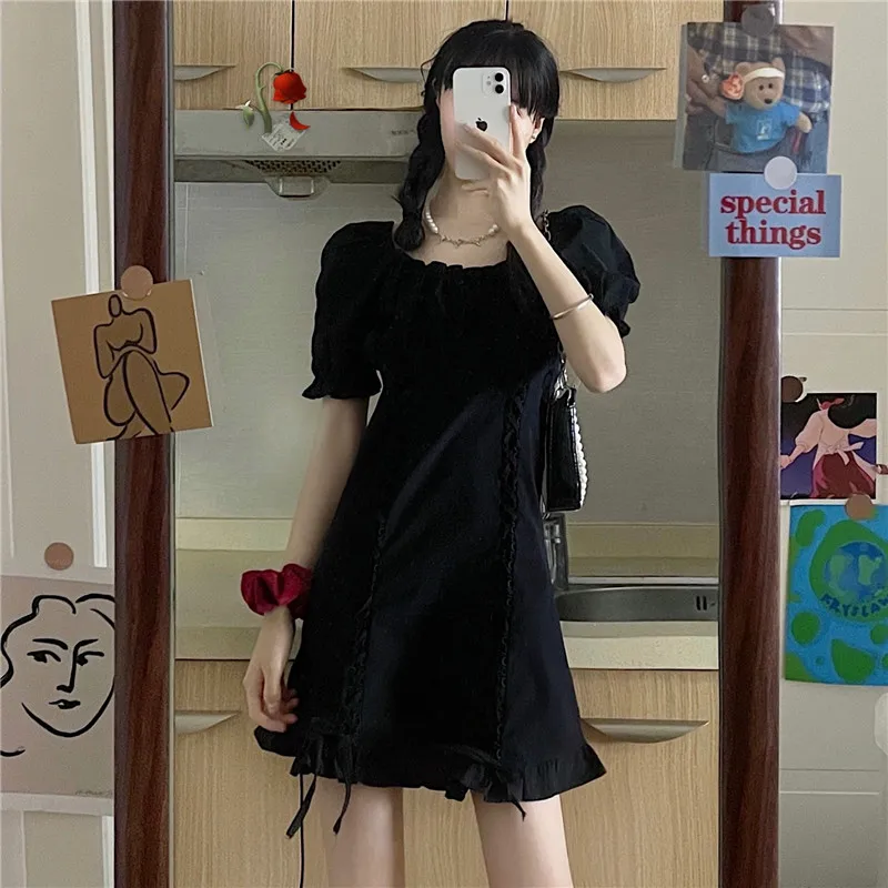 

Dress Black Puffy Sleeve Dress Women's Summer New Little Black Dress Waist A-line Skirt