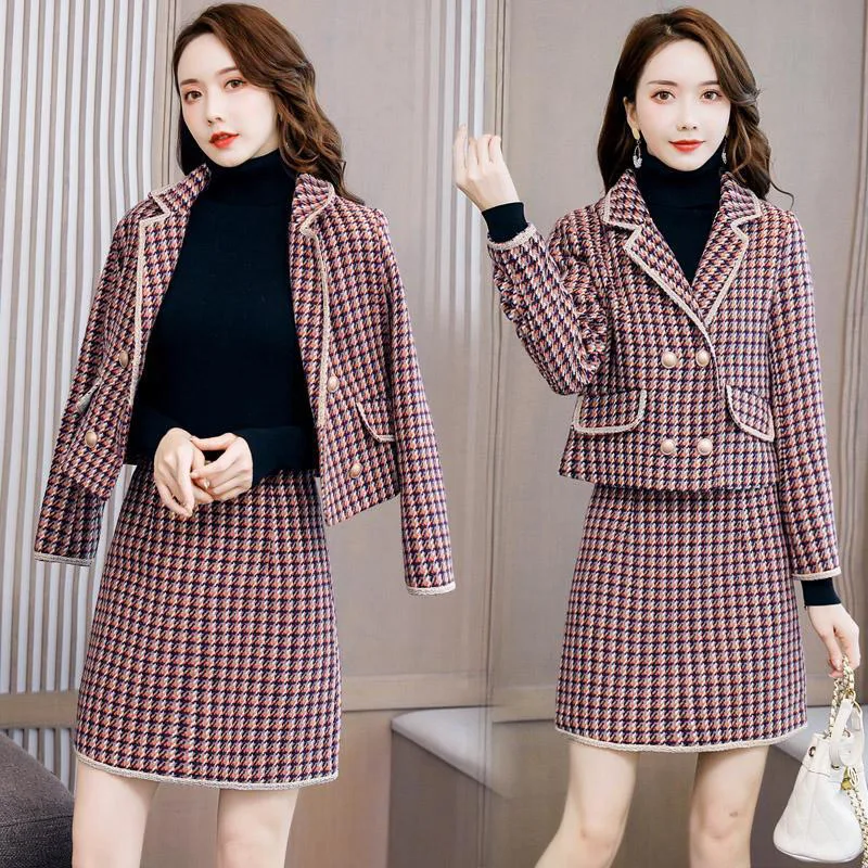Autumn Winter Women New Korean Fashion lattice Woolen Jacket + Skirt Set Female Casual Wool Short Two Piece Skirt Set Suit R667