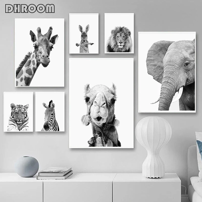 

Animals Print Lion Zebra Elephant Wall Art Poster Safari Nursery Canvas Painting Black and White Pictures Kids Room Decoration