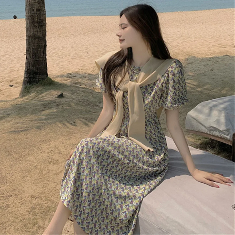 

2021 Japan Style Summer Fashion Ladies Dress Temperament Casual Elegant Retro Floral Printing Puff Sleeve Round Neck High Waist
