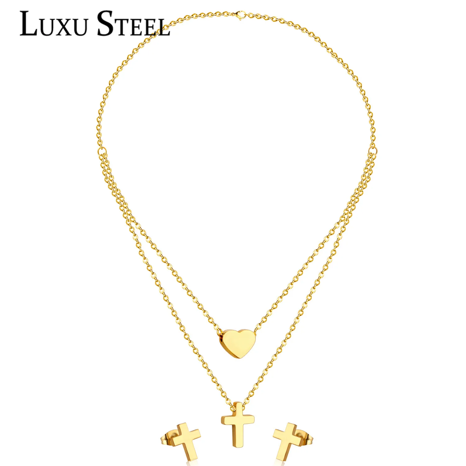 Женский комплект украшений LUXUSTEEL сережки с крестом сердечками из нержавеющей