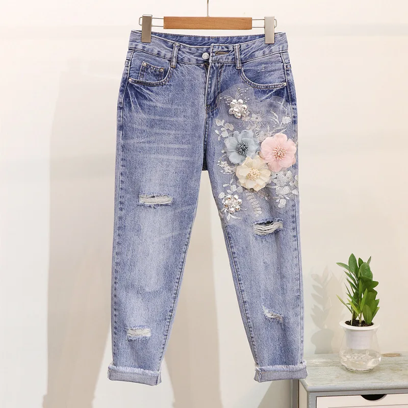 Женские джинсы с цветочной 3D вышивкой повседневные рваные дырками для осени и