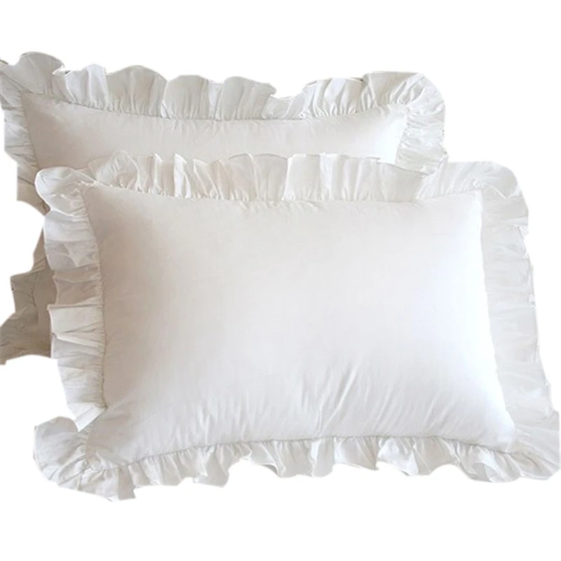 

Newest 2Pcs White Pillowcase Bedding Cotton Solid Ruffle Pillow Sham Princess European Pillow Cover Protector 48x74cm