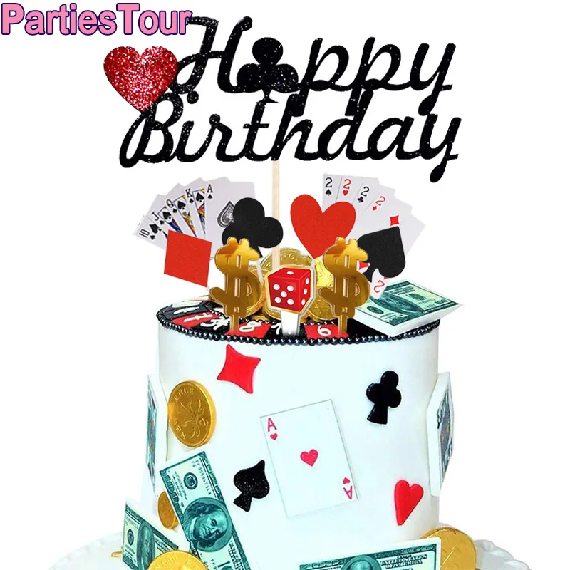 

Casino Party Cake Decor Las Vegas Theme Happy Birthday Cake Poker Dice Dollar Cake Topper for Playing Cards Night Party Supplies