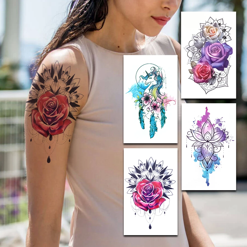 

Watercolor Rose Flower Temporary Tattoos For Kid Women Lotus Henna Fake Tattoo Unicorn Feather Waist Chest Mehndi Pendants Tatoo