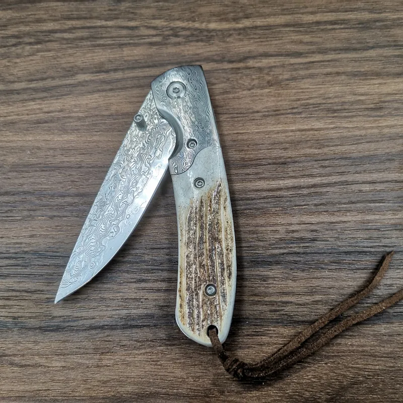 Натуральный ручка Олений Рог складной нож из дамасской стали Сталь Лезвие Отдых