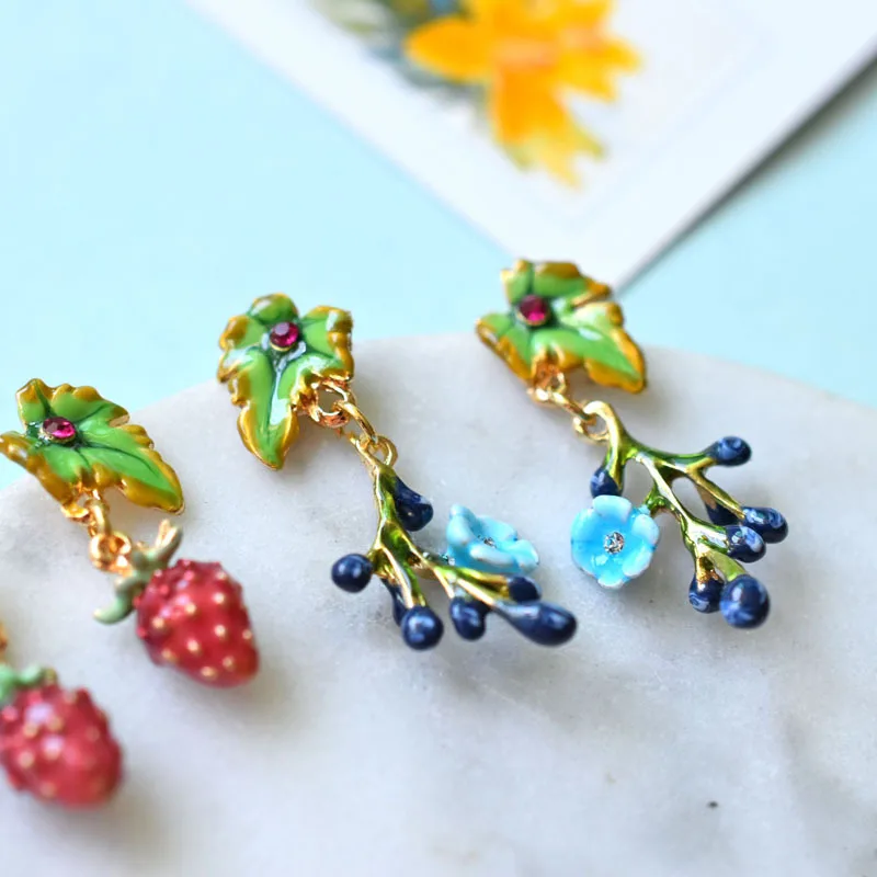 

925 silver needle enamel glaze strawberry flower branch leaf earrings small fresh forest earrings cute earrings female