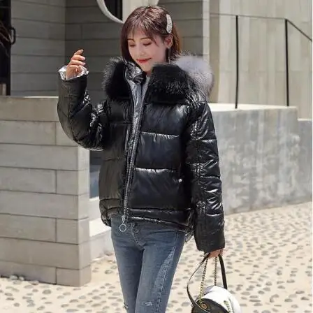 Брендовая зимняя женская куртка с большим меховым воротником в Корейском стиле, хлопковая свободная Толстая короткая верхняя одежда, парки, женские пальто с капюшоном - Цвет: no silver inside 2