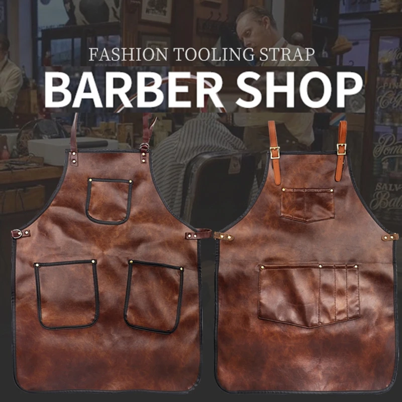 

Faux Leather Hairdresser Barber Apron Adjustable Cross-Back Multi Pockets Bib