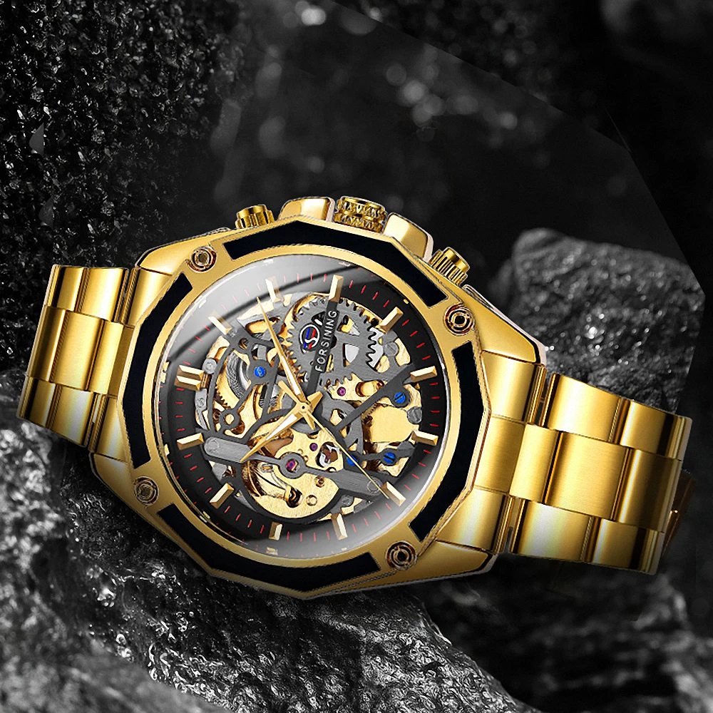 Часы наручные Forsining Мужские автоматические брендовые роскошные золотистые