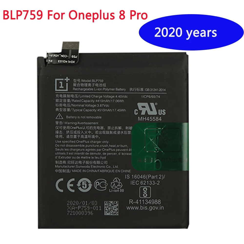 

Original Phone Battery For Oneplus 8 Pro One Plus 8pro 4510mAh BLP759 High Capacity OnePlus Mobile Phone Batteries
