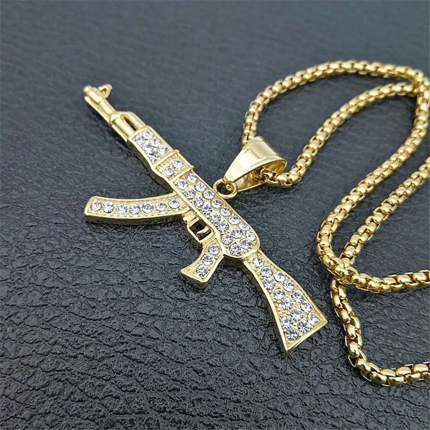 

Hip Hop Iced Out Rhinestones AK47 Gun Pendant With 4Size Chain Stainless Steel Gold Color Military Necklace Men Women Jewelry