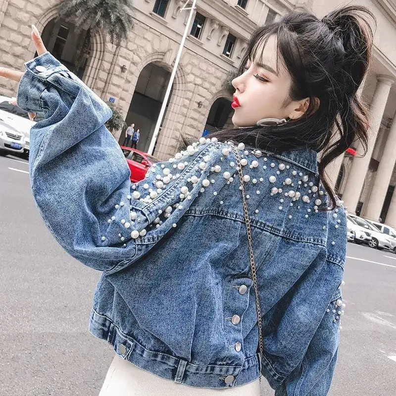 Beading Jean Denim Short Jackets For Women Loose Chaqueta Mujer Office Coat Autumn Flower Female Chaquetas Oversized Outerwear images - 6