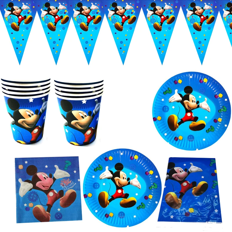 

51pcs/lot Birthday Party Mickey Mouse Theme Tableware Set Napkins Tablecloth Flags Plates Cups Decoration Boys Favors Bunting