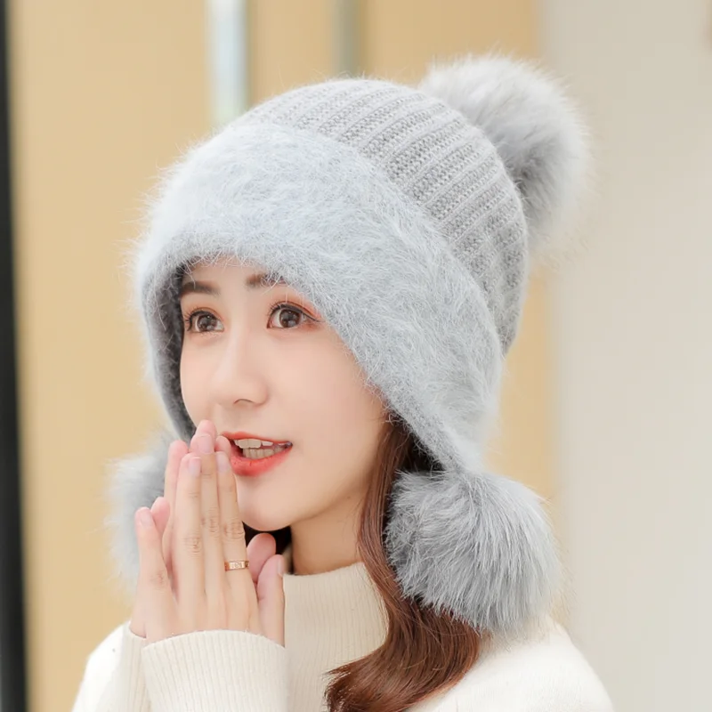 Winter Brand New Women's Hat Rabbit Hair Knitted Cute Hats Three Pompons Caps For Girl Hot Skullies Female Beanie cap 2019 | Аксессуары