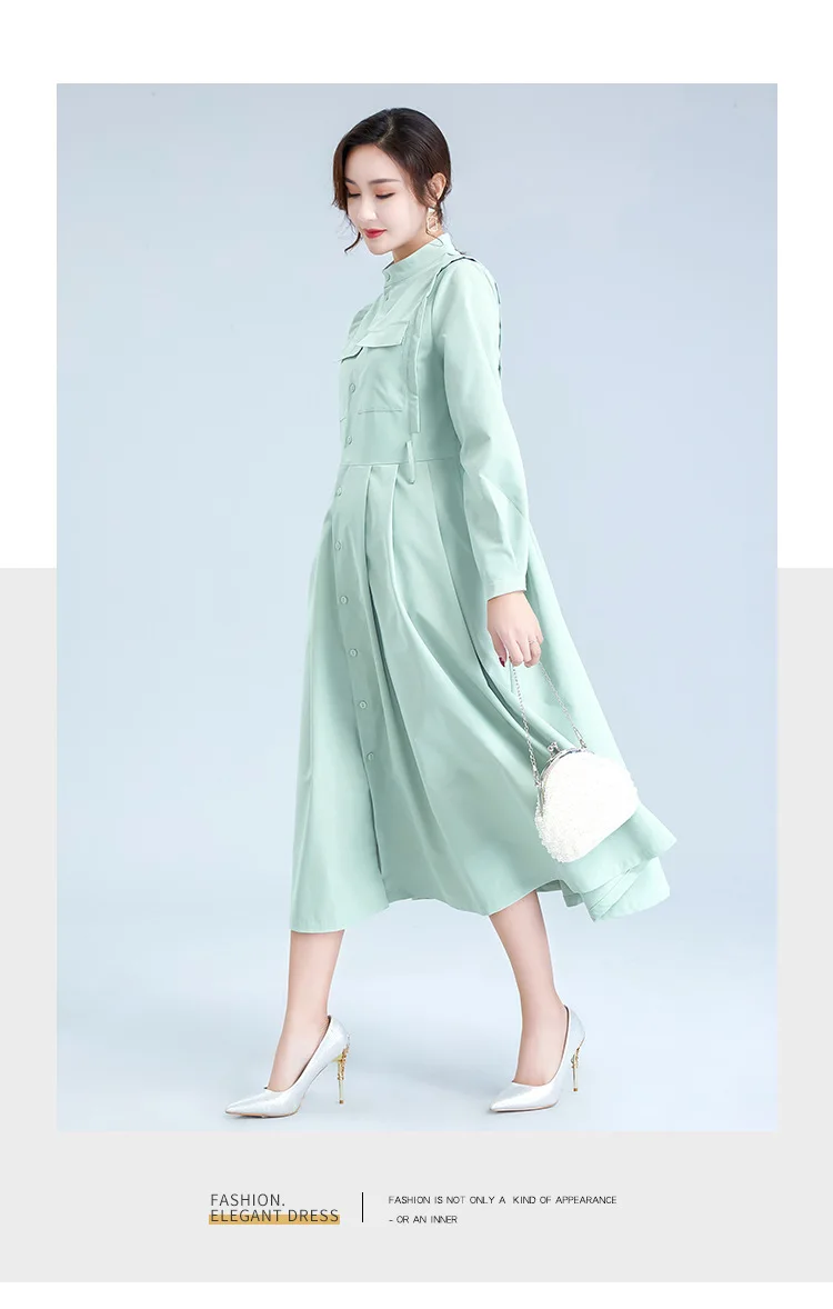 

Spring 2020 new women's single-breasted belt pure color long-sleeved dress with a big swing