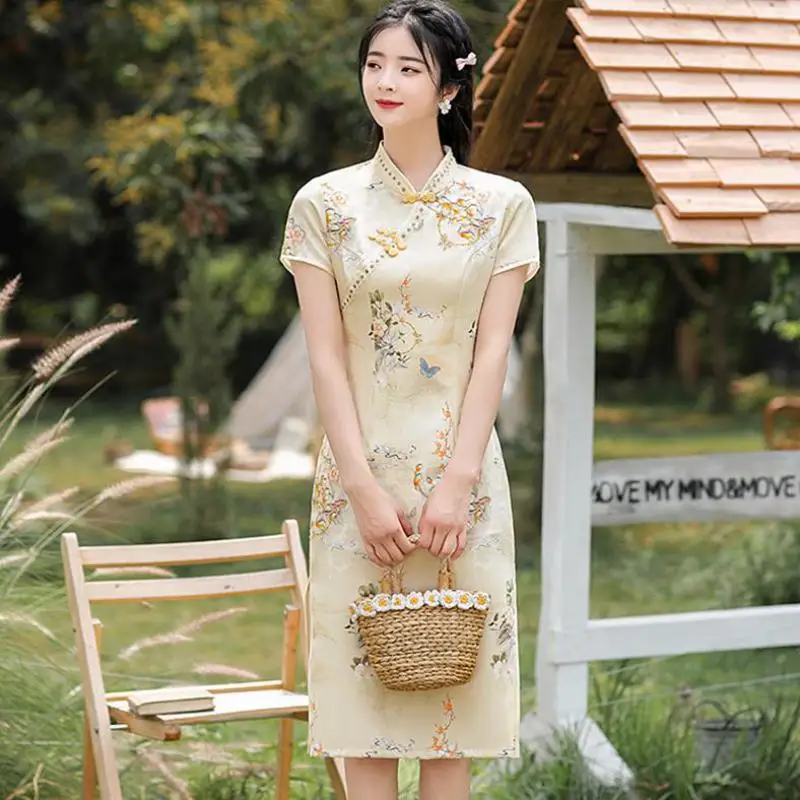 

Sexy Short Chinese Traditional Dress Yellow Print Flower Cheongsam Vintage Button Plus Size 3XL 4XL Qipao Elegant Vestidos