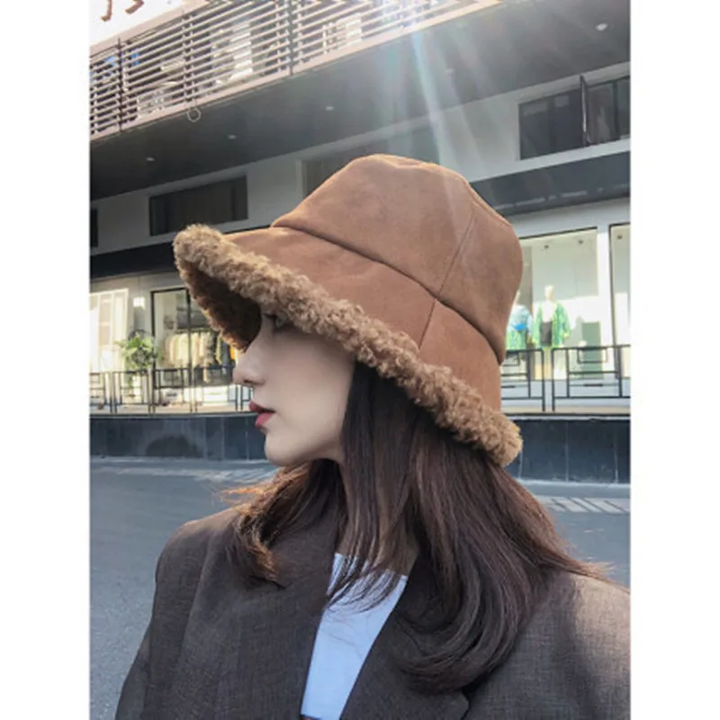 

Japanese All-match Women's Hat Plush Lamb Wool Fisherman Hat Keep Warm In Winter Bucket Cap Unisex Simple Panama Caps