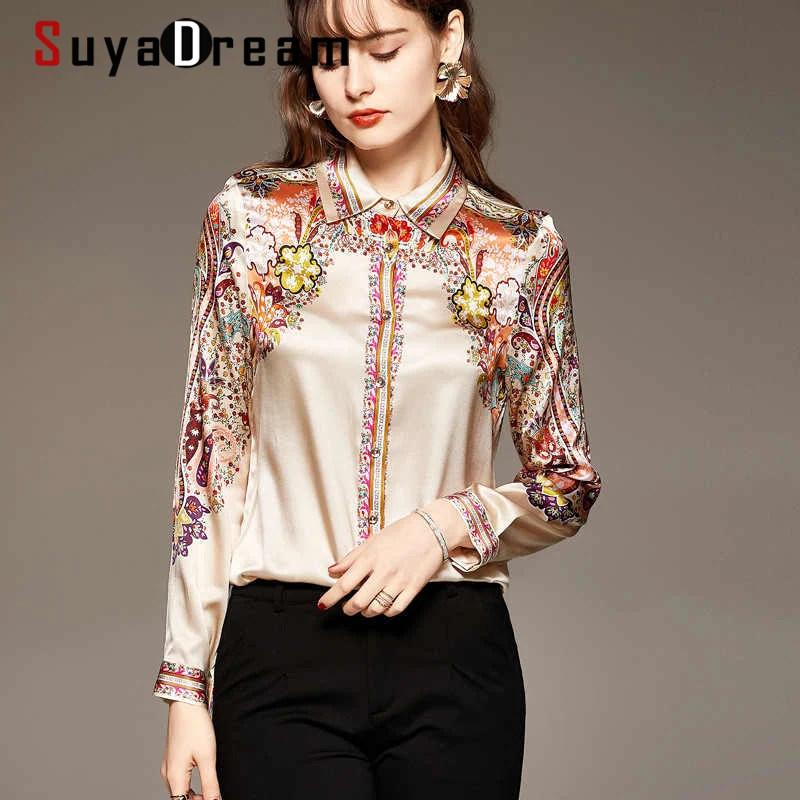 

SuyaDream Woman Print Shirt 100%Silk Satin Long Sleeves Chic Blouse Shirt 2021 Spring Autumn Office Lady Shirt