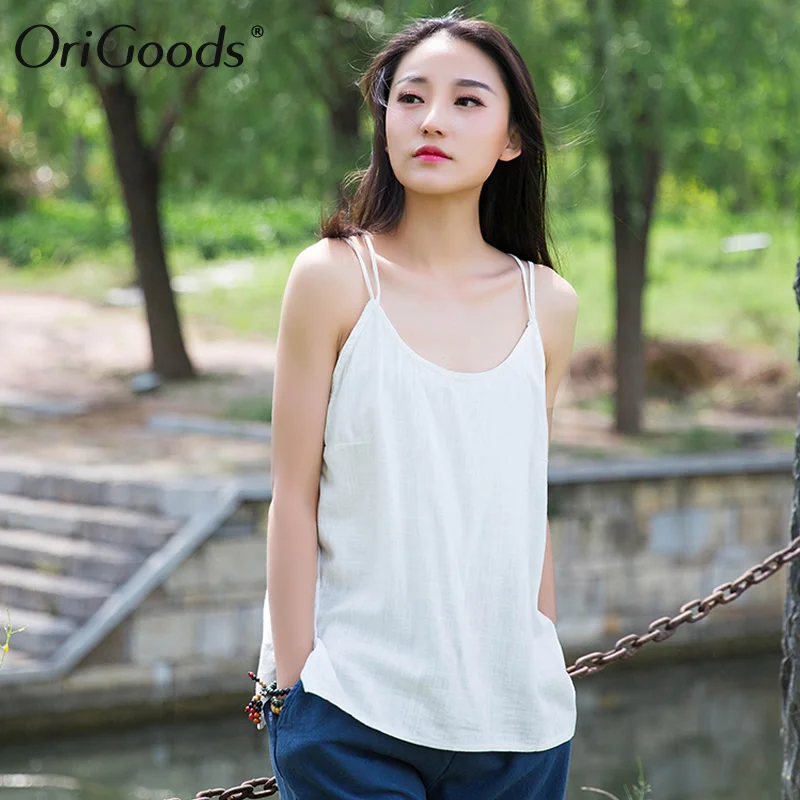 Оригинальная Женская майка из хлопка и льна на тонких бретелях для лета модель B282