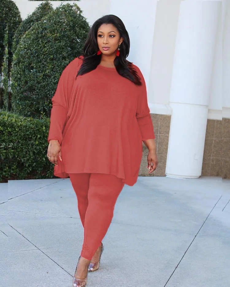 

ChocoMisty-LadyPlus Plus-size Sets Round Neck Solid Color Pants Set BK6888