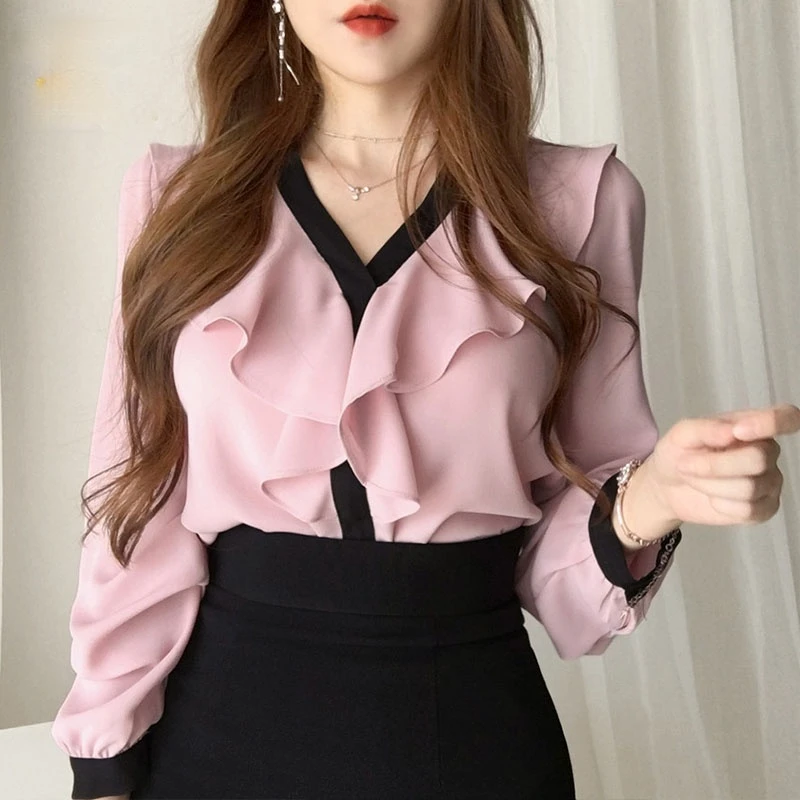 

Spring Korean Tops Ruffle Chiffon Women Blouses Formal Business Office Blouses Long Sleeve Casual Shirts