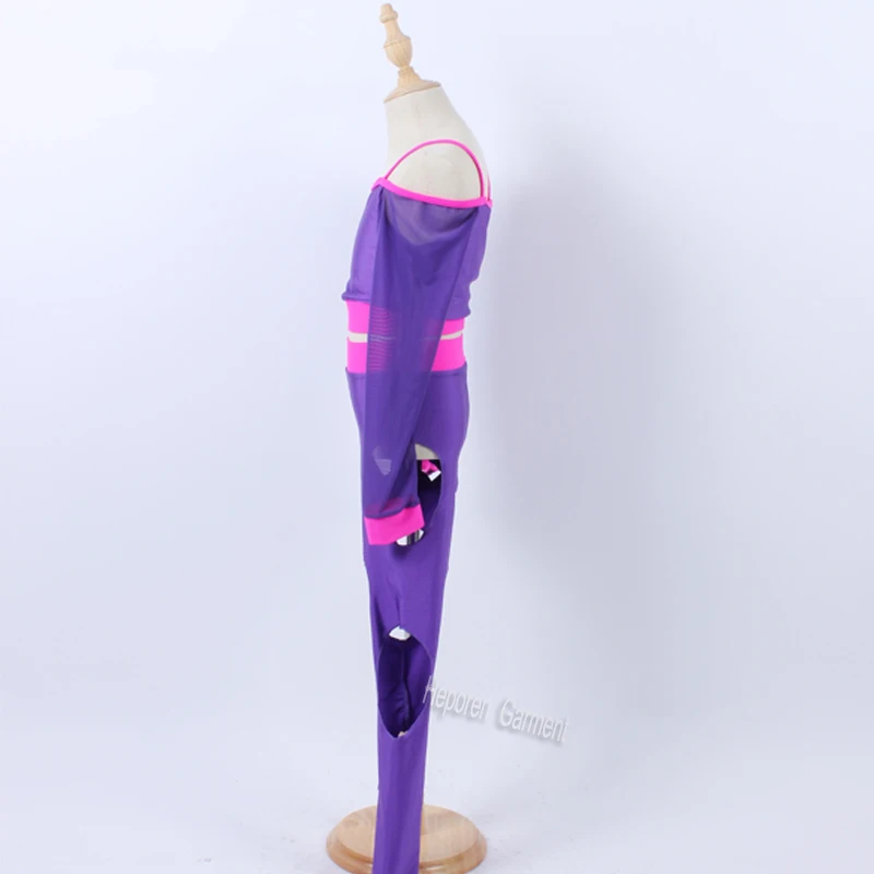 Новый комбинезон полного рукава с подтяжками для девочек с персонализацией фиолетового цвета с вырезами под джазовый танец, костюм для выступления на сцене.