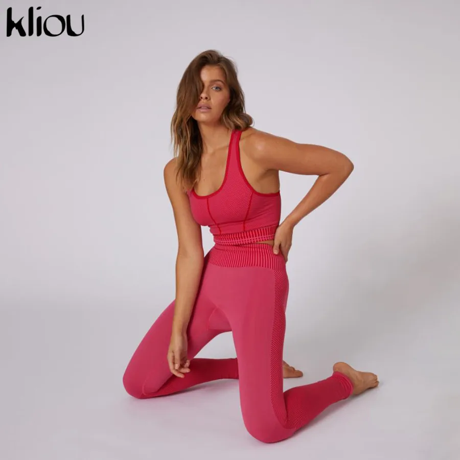 Kliou, Женский однотонный спортивный костюм, из кусков, для бега, фитнеса, комплект из 2 предметов, жилет, укороченный топ, леггинсы, для бега, спортивная одежда, одежда для тренировок
