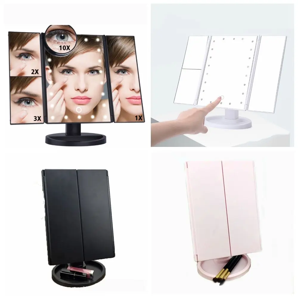

Storage Holder Foldable USB Desk Touch Dimmer With 16/22 LED Lights Makeup Mirror Adjustable