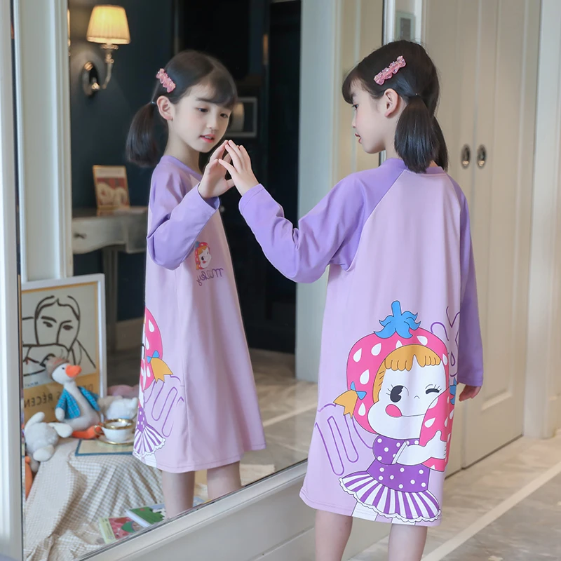 Camisones de noche para ni&ntilde;as y beb&eacute;s, Pijama de dormir de algod&oacute;n de manga larga, ropa de casa suelta, camis&oacute;n de princesa rosa, ropa de descanso-1