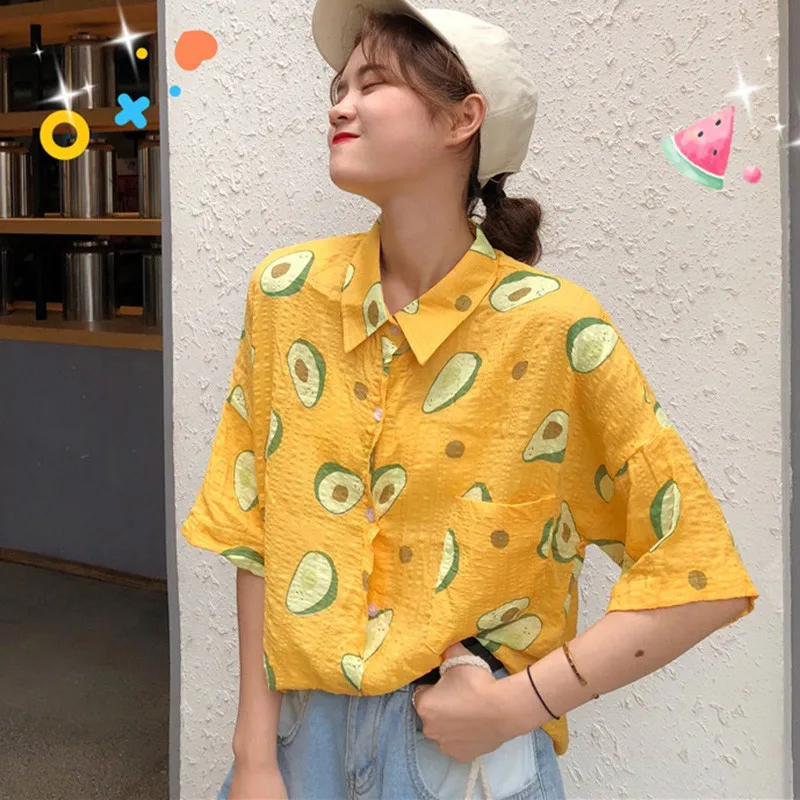 

Summer Short Sleeve Turn Down Collar Women Shirt Korean Fruit Print Shirts Women Blouses Couple Casual Loose Blouse Blusas