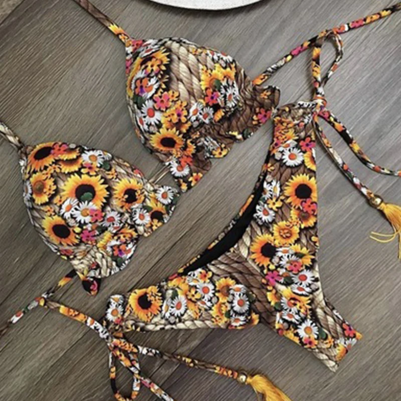 Купальник-бикини женский с завязками на шее эффектом пуш-ап S ~ XL