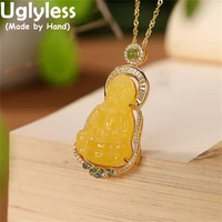 uglyless guanyin maitreya buddhas necklaces for female buddhists religious gift jewelry amber beeswax figure pendants 925 silver