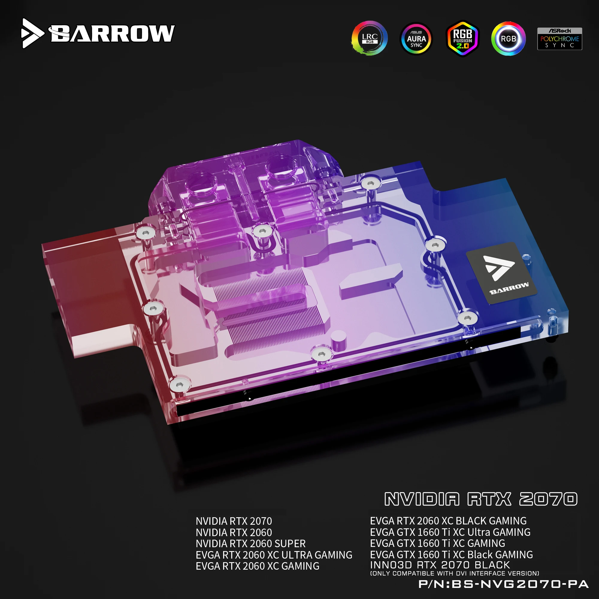 

Barrow BS-NVG2070-PA, Full Cover Graphics Card Water Cooling Blocks,For NVIDIA Founder Edition RTX2070/2060, INNO3D RTX2070 TWIN