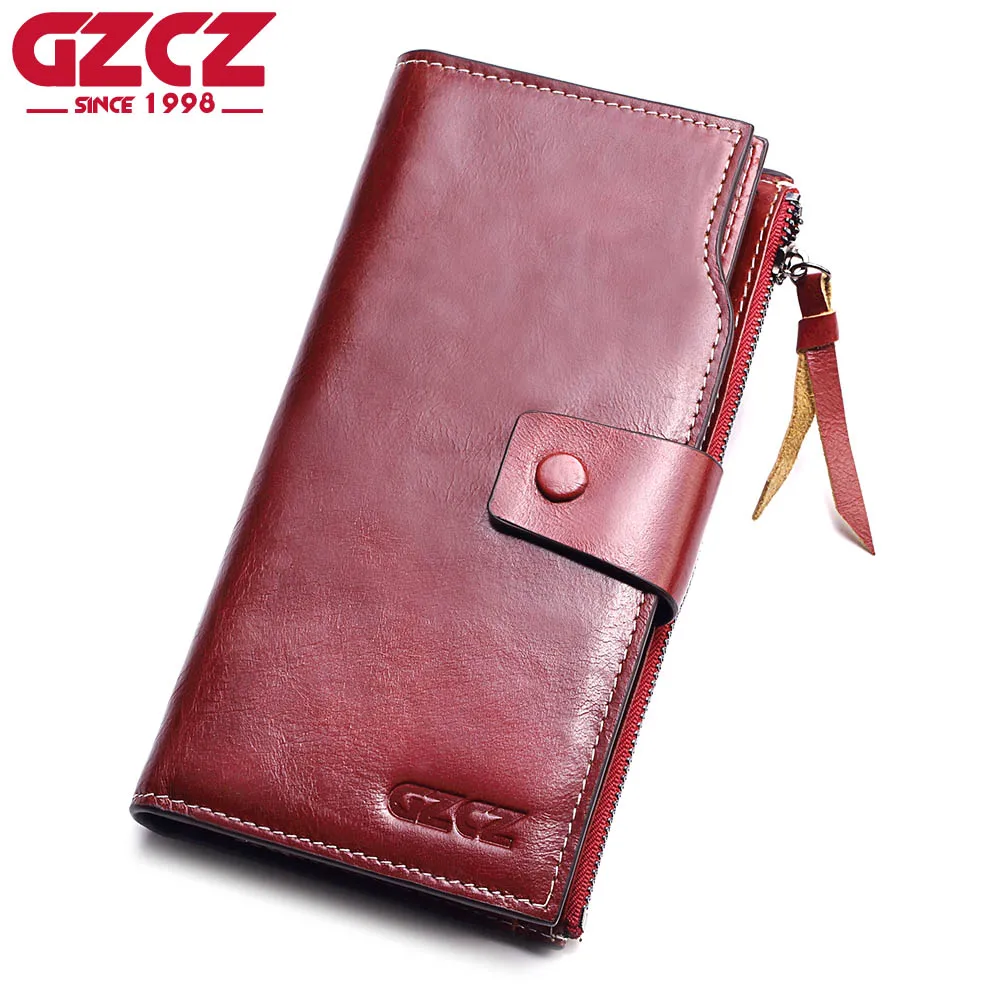Женский кошелек из натуральной кожи GZCZ Длинный на молнии с зажимом для денег