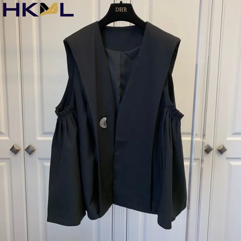 

Women Top Korean Loose Casual Coffee Jacket Black Clothing 2021 Autumn Winter New Pleated Umbrella Suit Vest Coat